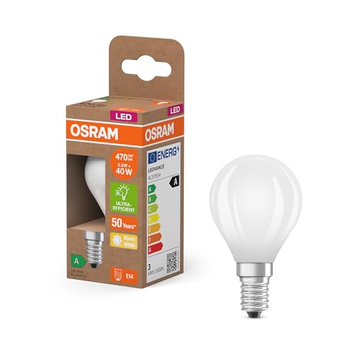 Osram classe energetica nella classica forma mini sferica, 2,2 W / 470 lm, EEK A, luce bianca calda (2700 K), CRI 80, in vetro smerigliato senza piombo, attacco E14, IP20, DM 45 mm, confezione da 6