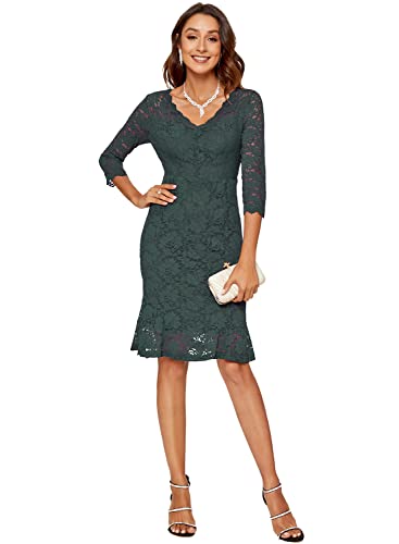 Image of Atnlewhi Womens 3 /4 Sleeve Slim Fit Lace Cocktail Dresses Party Wedding Guest V Neck Formal Evening Bodycon Dress