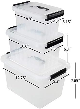 Farmoon 3 Packs Clear Lidded Storage Bin, Plastic Stackable Storage Container Box with Handle Clear+black 3.5 + 6 + 12 Quart 3