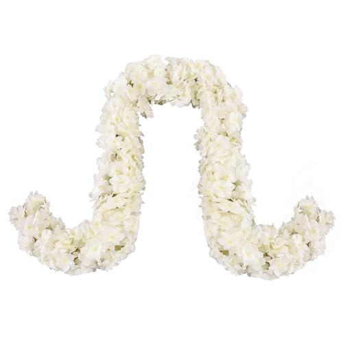 6 PCS Cherry Blossom Garland Artificial Silk Flower Vine Hanging Floral Decor for Wedding Arch Party Home Garden Wall Decoration (White)