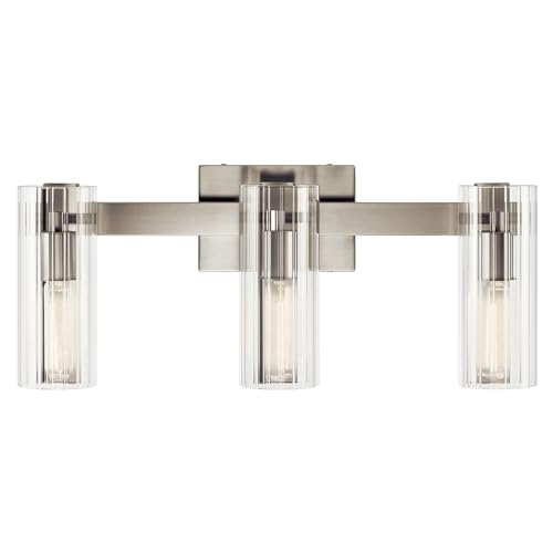 Image of Kichler Jemsa 3-Light Bathroom Vanity Light Fixture, Modern Wall Mount with Clear Fluted Glass in Brushed Nickel for Powder Room or Mirror (9.75 inch x 22.75 inch), 55168NI