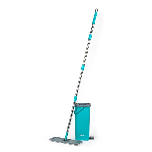 Beldray AntiBac Flat Head Mop & Bucket - 5 Litres Built-In Wringing Function Integrated Footrest 180 Swivel Head 2 Extra Mop Pads Included Compact Design Slimline Head Vinyl/Tile/Wood Flooring