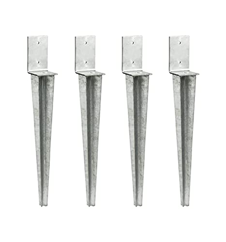 lot de quatre supports de poteau en acier galvanisé à enfoncer universel Jardipolys |5 x 5 cm | 4 pieds pour poteau carré avec pointe à enfoncer dans la terre | manchon de sol | ancre de poteau argenté
