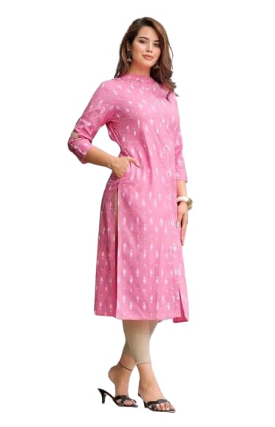 Image of Women's Printed Straight Kurti, 3 /4 Sleeves, Button-Down Front, Side Slits with Pockets
