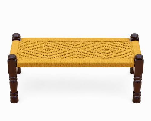 Image of Handwoven Wooden Bench | Traditional Rope Charpai Stool | Solid Wood Frame Seating for Living Room, Balcony & Outdoor | Durable & Stylish Design (Yellow)