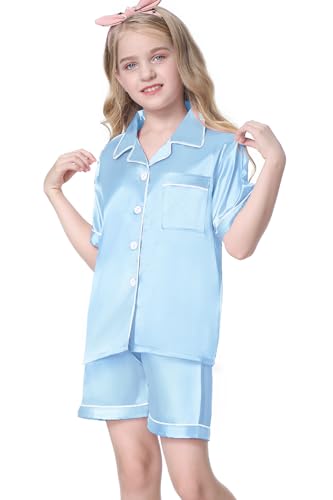 Image of Umeyda Women & Girls Pajamas Set, Soft Satin Lightweight Silk Button-Down Top with Shorts 2 Piece PJS for Mom Boys Kids Gifts