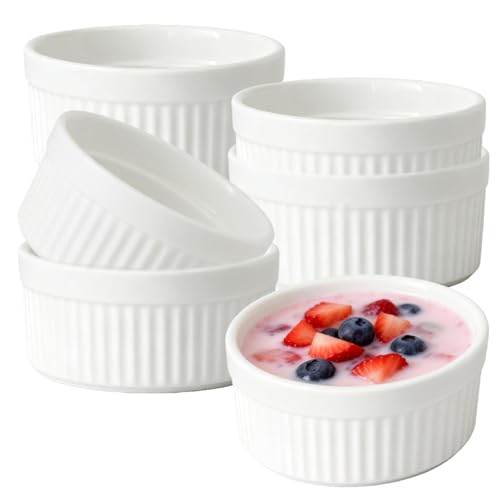 Juego de 6 cuencos de crema Brulee de 230 ml, 10 x 4,8 cm, aptos para horno, de cerámica, aptos para horno, color crema brulee, para postres, magdalenas, pasteles, color blanco