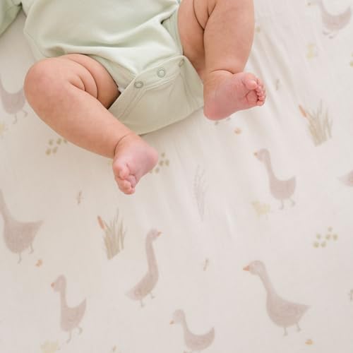 Image of Crane Baby Charlie Farmhouse Goose Crib Fitted Sheet, 100% Cotton Baby Bed Sheets, Farm Nursery Decor, Crib Sheets for Boys and Girls, Baby Registry Gift, Goose Nursery Decor