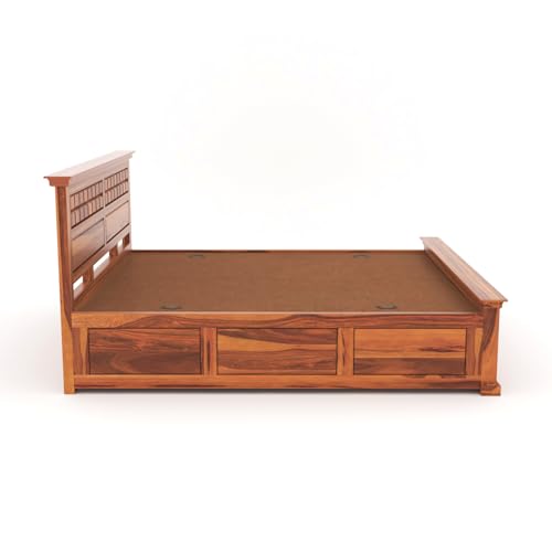 Image of Sheesham Wood Queen Size Bed with Storage Box Wooden Box Bed Queen Size Double Cot Bed with Storage for Bedroom Premium Chocolate Dalla Design Headboard Bed for Living Room | Honey Finish