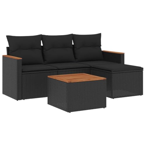 vidaXL Garten Sofagarnitur mit Kissen 5-TLG., Gartenmöbel Gartengarnitur, Sitzgruppe Sitzgarnitur, Lounge Sofa Garnitur Terrasse, Schwarz Poly Rattan