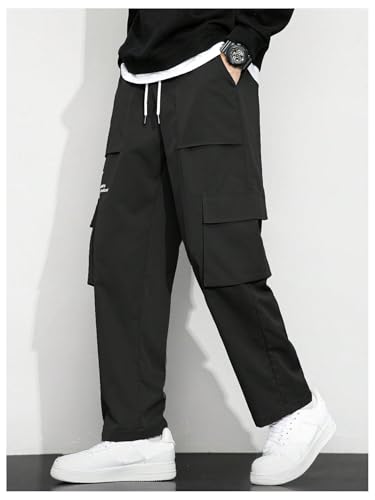 OYOANGLE Men's Letter Print Cargo Pants Drawstring Waist Flap Pocket Trousers Streetwear4
