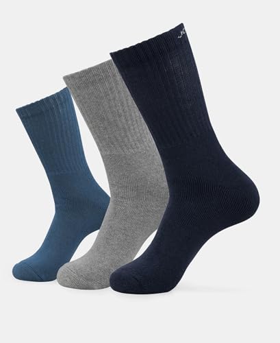 Image of Jockey 7035 Men's Compact Cotton Terry Crew Length Socks With StayFresh Treatment (Pack of 3) Navy, Grey Melange & Stellar FREE SIZE