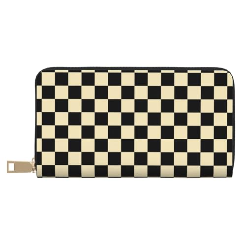 Leather Thin Slim Wallets for Women Men - Fashion Khaki Black Checkered Print Card Wallet Holder with Zipper