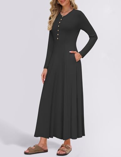 Image of ZESICA Women's Elegant Maxi Dresses 2026 Fall Long Sleeve Button Casual A Line Boho Flowy Dress with Pockets