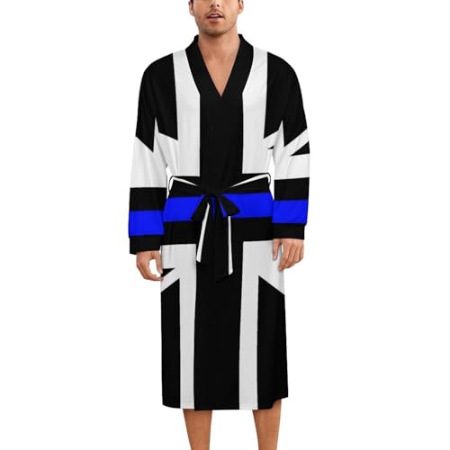 Thin Blue Line United Kingdom Flag Soft Robe Long Sleeve Bathrobes V Neck Sleepwear Spa Robes with Belt Men Woman