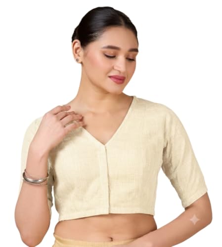 Image of Studio Shringaar Women's Thick Handloom Cotton Plain Side Stretch (Smocked) Readymade Saree Blouse
