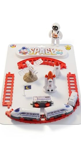 Image of Space Toy Train Set for Kids 4+, Astronaut Rocket Playset with Track Pieces, Space Shuttle, Satellite & Figure | DIY Mini Rail Vehicle Set | Educational Space Theme Toy Gift for Boys Girls