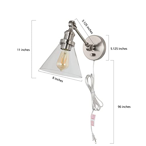 Image of JONATHAN Y 8 inch Nickel Adjustable LED Wall Sconce, Plug-in Wall Lamp with Dimmer Switch, Clear Glass Shade for Bedroom Living Room Kitchen, LED Bulb Included (JYL7575B-SET2)