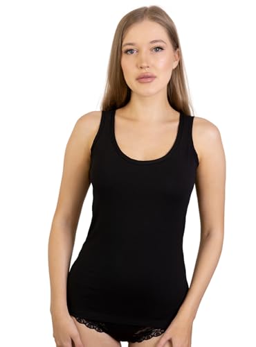 BeMyco Camiseta de tirantes para mujer de algodón elástico con hombros anchos, suave, elegante, para mujer de verano | Camiseta interior o exterior – XS a XL, Negro , XS