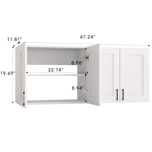 Image of White Laundry Room Cabinets and Storage with 4 Doors and Utility Adjustable Shelf,Gabinetes Para Cocina Cupboard Kitchen Organizers and Storage Pantry Wall Mounted 12.4 inchD x 47.2 inchW x 19.7 inchH