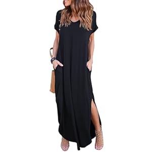 HUSKARY Women’s Summer Maxi Dress Casual Loose Pockets Long Dress Short Sleeve Split Maxi Dresses