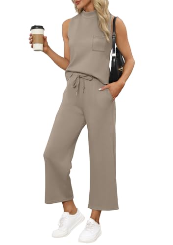 WIHOLL Summer Vacation Outfits for Women 2025 Resort Wear Matching Sets Women Clothing 2 Piece Holiday Beach Travel Airport Outfit Teacher Petite Lounge Sets Athleisure Coffee M