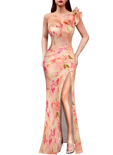 Image of VFSHOW Womens Ruffle One Shoulder Strap Ruched Formal Prom Wedding Maxi Dress V Neck Elegant Split Cocktail Evening Long Gown
