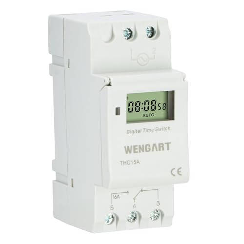 Wengart Minuterie numérique THC15A,AC230V 16A, programmable hebdomadaire, jusqu'à 28 Groupes activés et désactivés, Montage sur Rail, Sortie de Commutation sans potentiel