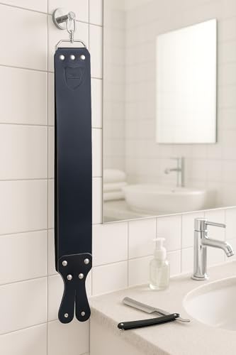 Parker Handmade Latigo Leather Strop for Straight Razor & Knife Sharpening – USA Made, Paddle Handle w/Brass Chicago Screws, Twin Canvas & Leather Straps (3″ × 27″) (BLACK)