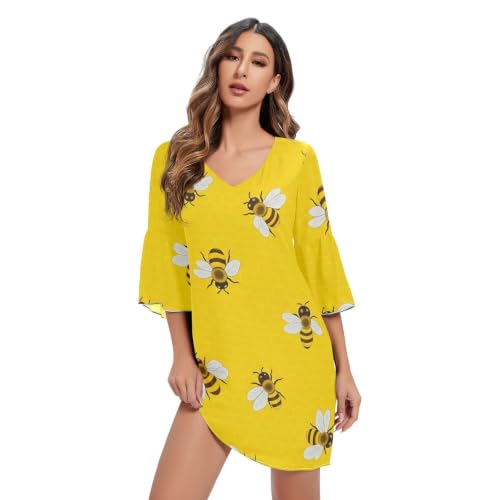 Robe de plage à manches 3/4 en coton nid d'abeille jaune col rond été