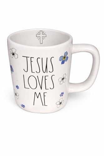Rae Dunn by Magenta Ceramic Coffee Tea Mug, Blue Floral, Jesus Loves Me