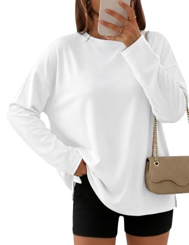 Demegimi Langarmshirt Damen Longshirt Rundhals Oversize Baumwolle Lässig für Leggings