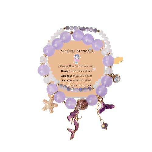 Image of LZ Emotion 2 Pcs Mermaid Bracelet Set Beaded Mermaid Charm Bracelets Starfish Summer Jewelry Mermaid Gifts Birthday Party Decoration