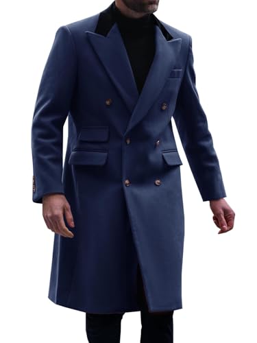 Runcati Mens Trench Coat Notch Lapel Double Breasted Casual Pea Coat Winter Warm Long Overcoat