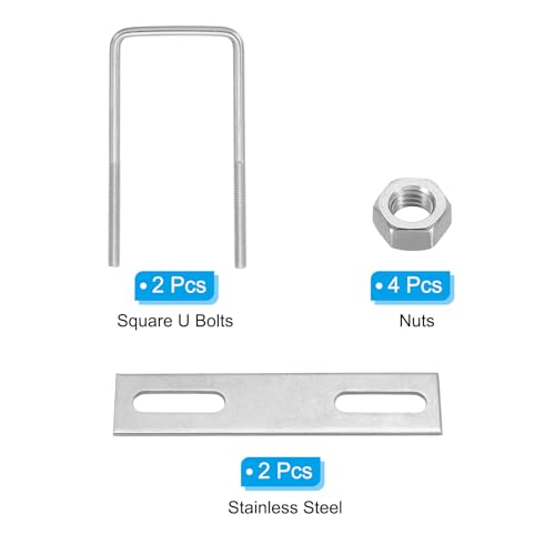 Image of PATIKIL M6x50x120mm Square U-Bolts Kit, 2Set 304 Stainless Steel Square U Shaped Bolts Replacement Parts with Frame Plates and Nuts for Ski Board Sailboat Trailer