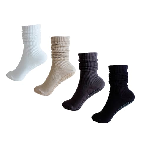 Pilates Grip Socks for Women,Yoga Slouchy Socks with Grips for Barre Workout-Long Scrunch Non Slip Socks