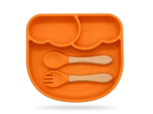 Image of BabyGo Silicone Suction Plate with Spoon for Babies | Microwave, Dishwasher & Freezer Safe | Unbreakable Feeding Plate with 4 Suction Cups for Babies & Toddlers | BPA-Free (Orange)
