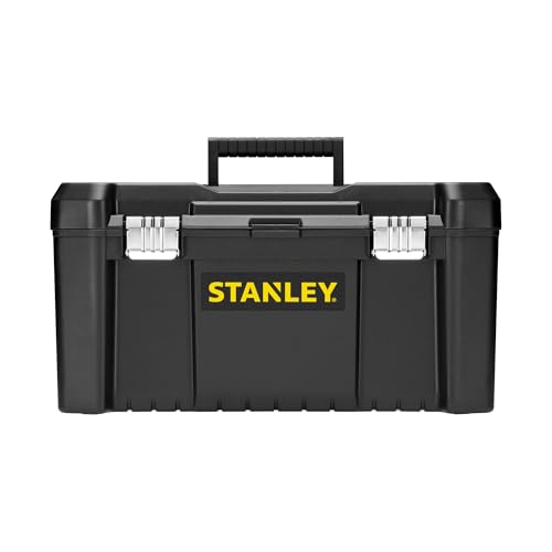 STANLEY STST75521-8 19'' Organised Heavy-Duty Portable Plastic Essential Toolbox With Top Lid & Removable Internal Tote Tray, Geometric Lock Latches, Top Pad Lock Eye, 1 Year Warranty, 48.2x25.4x25 cm