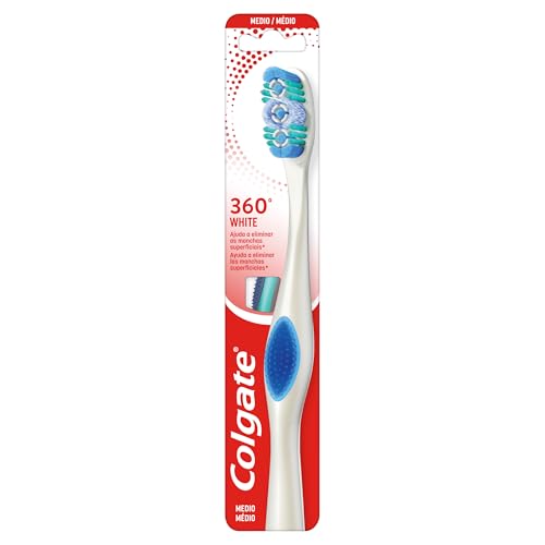 Colgate Max White 360 Cepillo de Dientes Dureza Media, 1 Ud, Blanquea los Dientes, Elimina Manchas, Limpia Zonas de Difícil Acceso, Limpiador de Lengua y Mejillas, Elimina el Mal Aliento