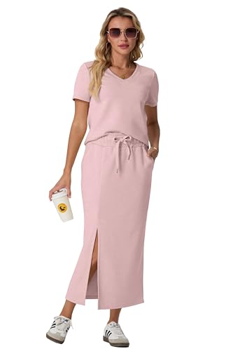 Image of GRECERELLE Women Summer Casual 2 Piece Sets V-Neck Wrinkle-Free Top & Elastic Waist Midi Side Slit Skirt with Pockets