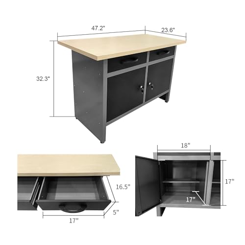 Image of JZD Steel Storage Cabinet Set System, Included Metal Pegboard Wall Cabinets Wood Tabletop, for Garage Auto Repair Shops, Utility Room