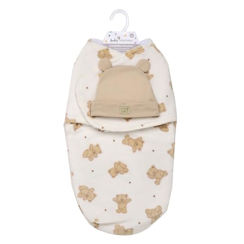Image of Ultra Soft 2 Ply Plush Swaddle Blanket with Novelty Hat for Baby, 2 Piece Set, Tan Teddy Bear Print, 0-3M