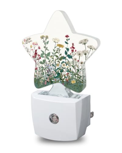 Image of Wildflowers Star Night Light Plug in, Decorative Night Light for Kids Room Nursery Bedroom, Soft Glow Sensor Lamp for Hallway Bathroom, Compact Energy Saving
