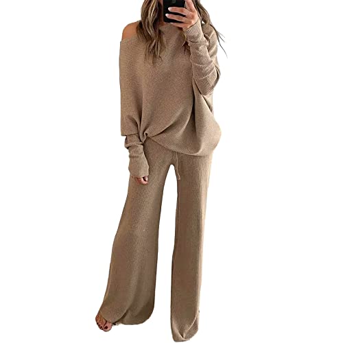 Xaspee Women's 2 Piece Corduroy Wide Leg Sweatsuit Sets Batwing Sleeve Loose Top and Pants Knit Loungewear Outfits