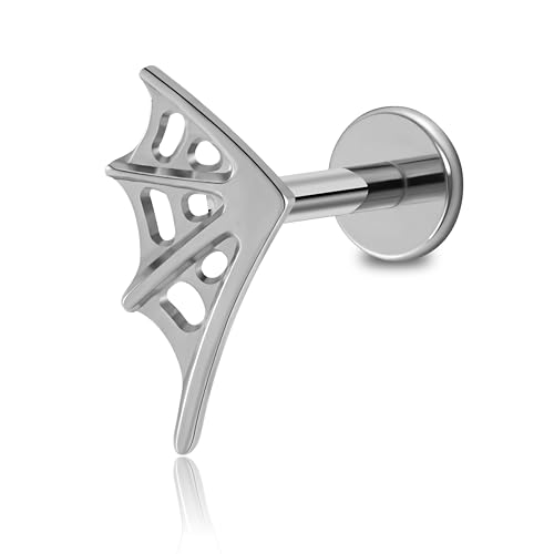 FINE4U Halloween Tragus Helix Conch Flat Piercing Jewelry Stud 16G 6mm 8mm - ASTM F136 Titanium Spider Web Cartilage Flatback Earring for Women