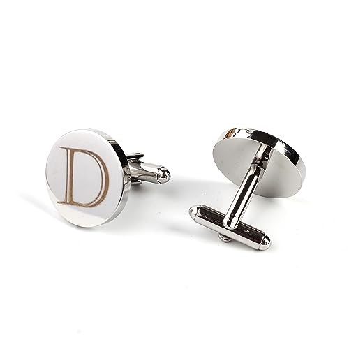 Image of Mens Initial Silver Cufflinks A-Z Alphabet Letter Steel Cuff Links with Engraved Walnut Wood Box Groom Groomsman Wedding Set
