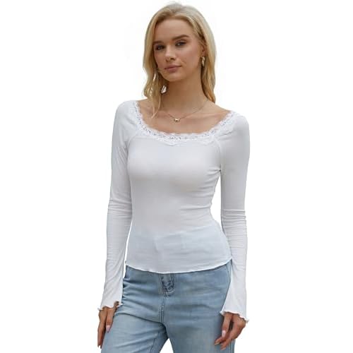 Long Sleeve Top for Women Bell Sleeve Backless Wide Boat Neck Cropped Tops Going Out Tops Y2K Micro Ribbed Lace Trim White Small