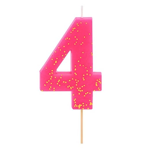 1 Unidad - Vela Fluor de Cumpleaños (número 4) Color Rosa con Efecto Glitter Dorado de 7,5 cm - Decoración para tartas, Cumpleaños, Aniversario de Bodas, Fiesta Graduación, velas para tartas.