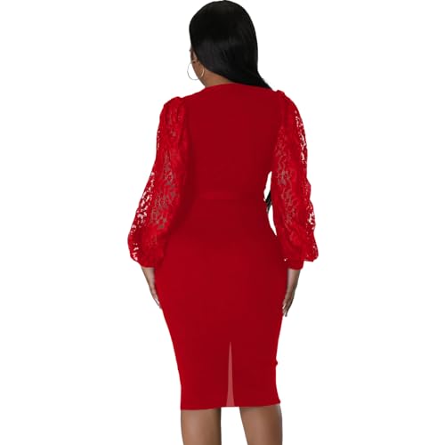 Image of BOGURST Semi Formal Church Dresses for Women Bishop Sleeve Sexy V Neck Bodycon Midi Dresses