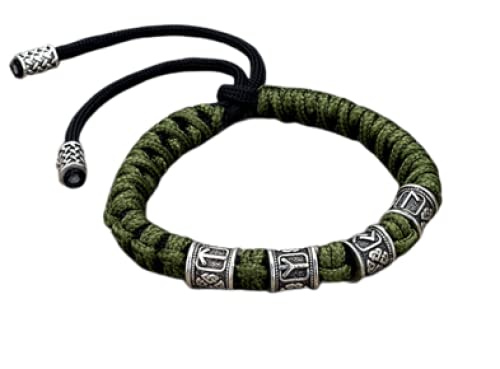 FWSHANGMAO Herren Lederarmband, Grüne Nordische Runen Perlen Armband Männer Wikinger Zubehör Geflochtene Handgemachte Outdoor Amulett Armreif Homme Für Jungen Männer Geschenke